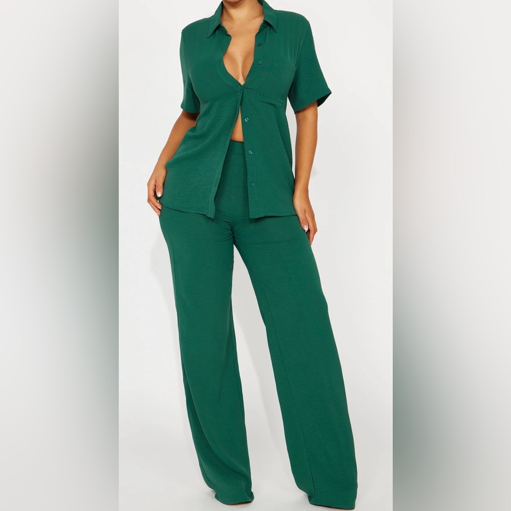 Fashion Nova Green Button-Up Top and Pants Set Size S